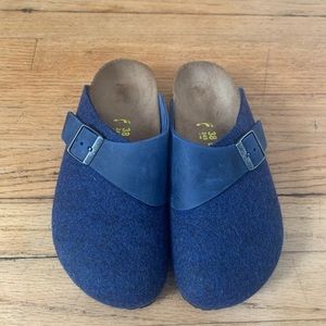 Birkenstock Blue Wool/ Leather Closed-Toe Buckle Slipon Slide Clogs- Rare*